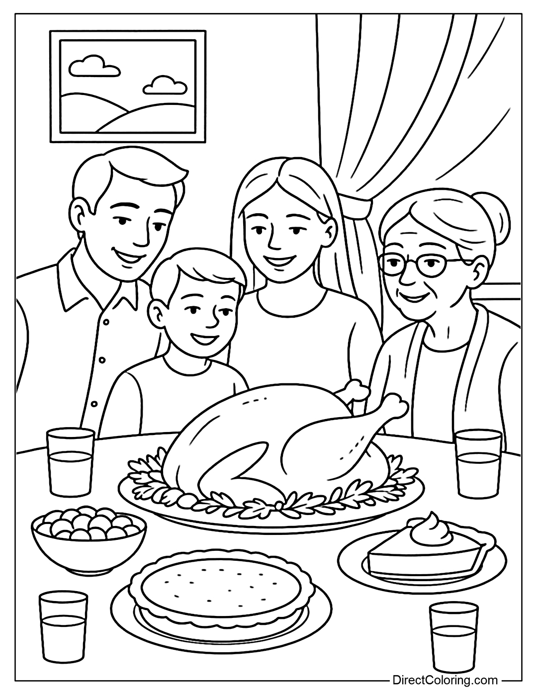 Coloring page of Thanksgiving dinner with turkey, pumpkin pie and family gathering.